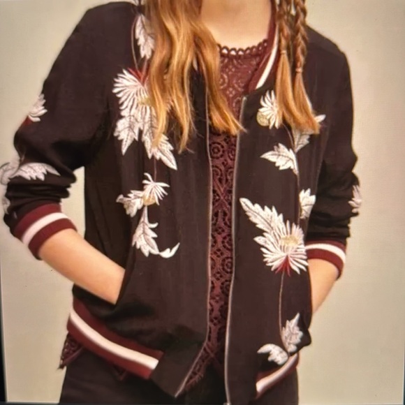 Anthropologie Elevenses Black Floral Embroidered Solstice Bomber Jacket - Picture 2 of 8
